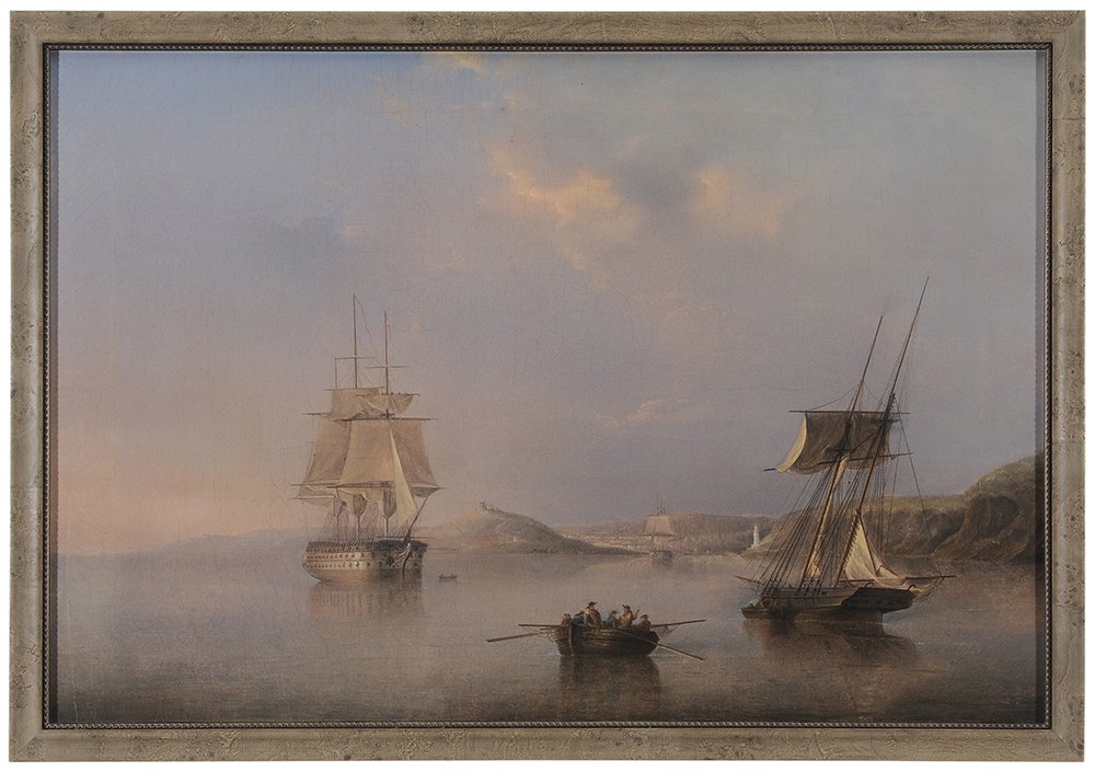 British or American School: (19th century) Ships in a Harbor, with fortress on a hill and lighthouse on a promontory, unsigned, oil on canvas, 20-3/4 x 30-7/8 in.; modern frame lined with wax and linen, crackle, stretcher marks,