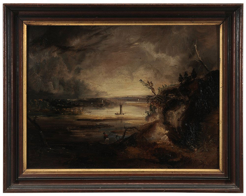 George Loring Brown: (Massachusetts, 1814-1889) Figure on a River Bank, unsigned, oil on panel, 12-7/8 x 17 in.; 19th century wood frame, good condition; frame with minor wear. Notes: For a similarly brushed oil sketch se
