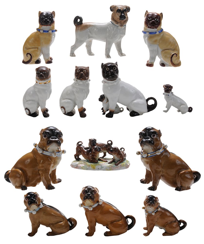 Collection Thirteen Porcelain Pug Dogs: Continental, 20th century, including porcelain figural group of three frolicking pups on a grassy mound, marked illegibly on base in underglaze blue, 3 in., two tails repaired; pair with brown fur, bl