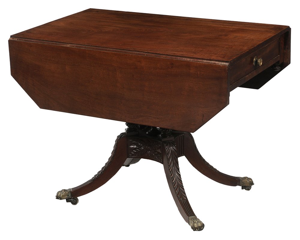 Fine New York Federal Figured and: Carved Mahogany Drop Leaf Breakfast Table school of Duncan Phyfe, circa 1815, rectangular top with two drop leaves, frieze set with two finely dovetailed drawers, four turned and acanthus carved colum