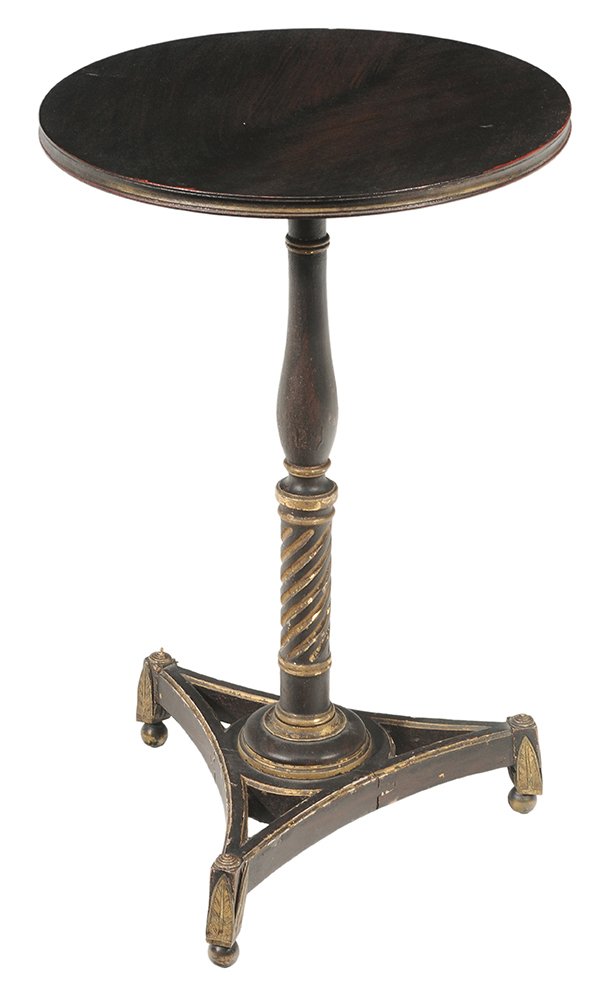 Fine Regency Faux-Painted and Parcel: Gilt Bronze-Mounted Side Table British or possibly French, early 19th century, faux grain-painted top rotating over a baluster and spiral fluted base on tripod stand set with leaf-form bronze applique