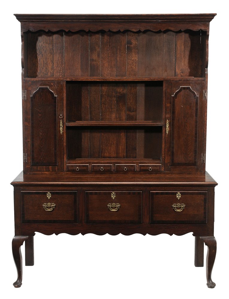 Welsh Banded Inlaid Oak Dresser: and Rack late 19th early/20th century, upper section with shelves and two paneled doors and four small drawers, dresser with three dovetailed drawers, shaped skirt and cabriole legs, 74-1/2 x 55-1/4 x