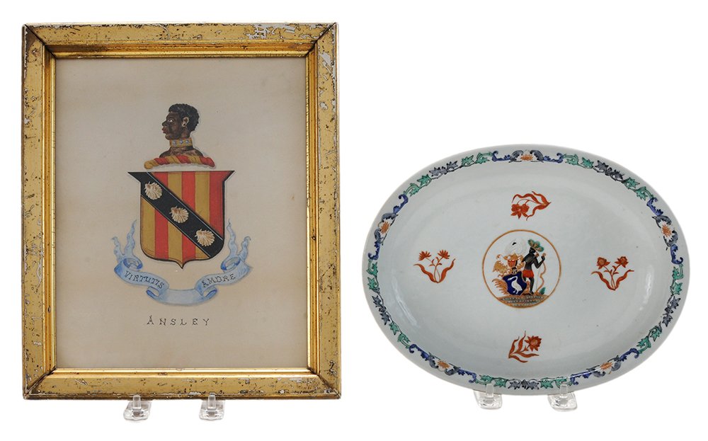 Chinese Export Porcelain Armorial: Dish and Watercolor "Ansley" Arms Chinese and English, 18th and 19th century, export porcelain armorial oval dish with center armorial circular gilt decorated device of Native American figure holding 