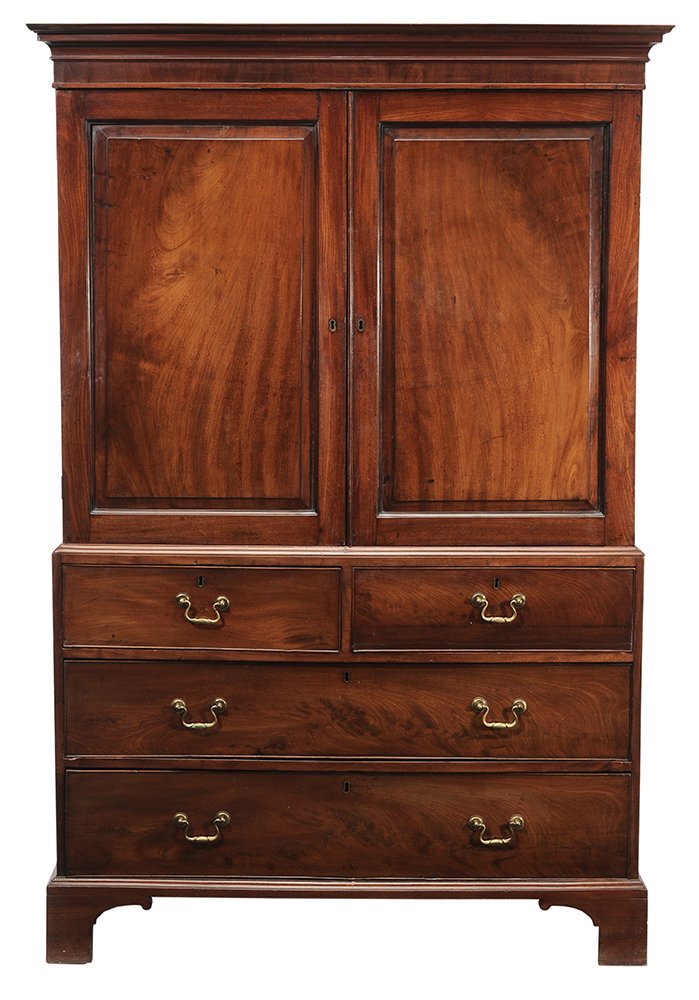 George III Figured Mahogany Linen: Press British, 18th/early 19th century, two-case construction, molded cornice over two panel doors opening to shelved interior, lower case with two over two drawers on straight bracket feet, rich redd