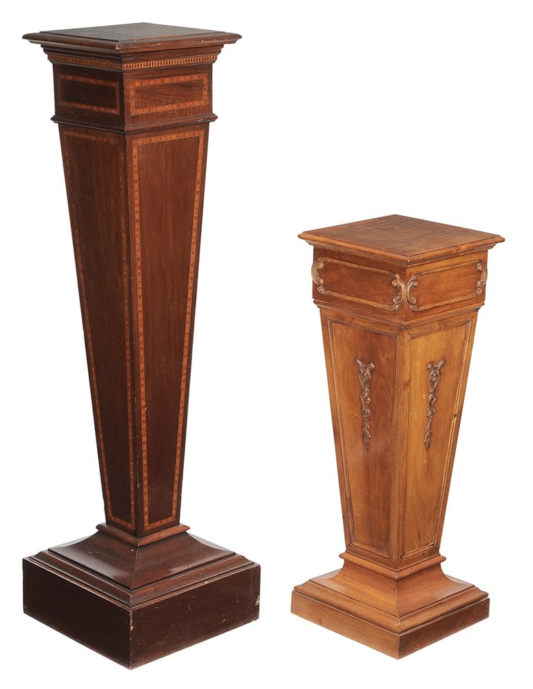 Edwardian Inlaid Mahogany Pedestal,: Baroque Style Walnut Pedestal British and Italian, 20th century, one figured mahagany with light wood inlay, 48-1/2 in., minor crack at top; one figured walnut with carved applieqes, 32-1/2 in., some 