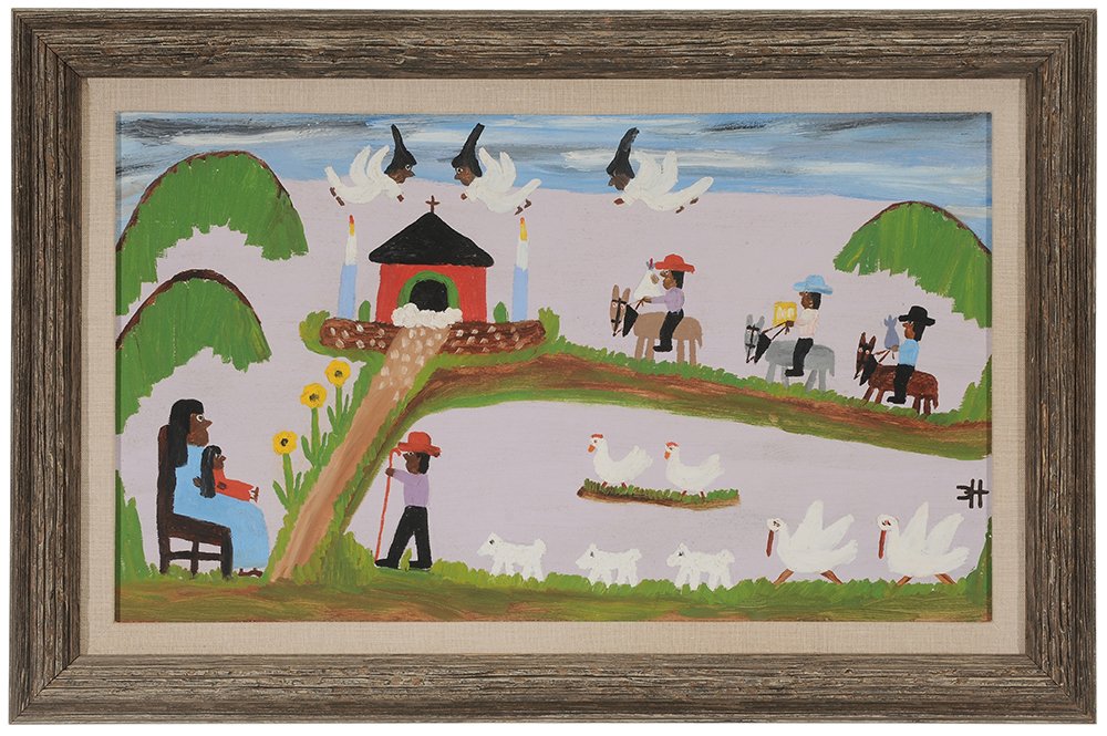 Clementine Hunter: (Louisiana, 1886-1988) The Nativity, with wise men, shepherd, angels and animals, signed lower right with conjoined monogram "CH", oil on masonite, 12-3/4 x 21-1/2 in.; distressed wood frame, good con