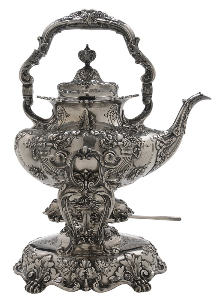 Francis I Sterling Hot Water Kettle: American, 1941, cornucopias of fruit, floral and foliate decoration, paw feet, marks for Reed & Barton, no monogram, 67.96 oz. T., 13 in., light scratches, small dents, spacers replaced with tempo