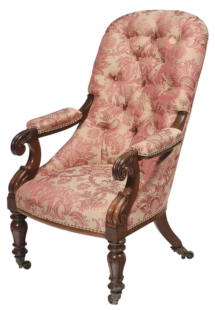 Classical Carved Mahogany Damask: Tufted Upholstered Open-Arm Chair British, circa 1830, fine tufted damask upholstery, solid mahogany frame set on leaf-decorated gilt brass casters, 43-1/2 x 25 x 36 in., frame with some surface wear,