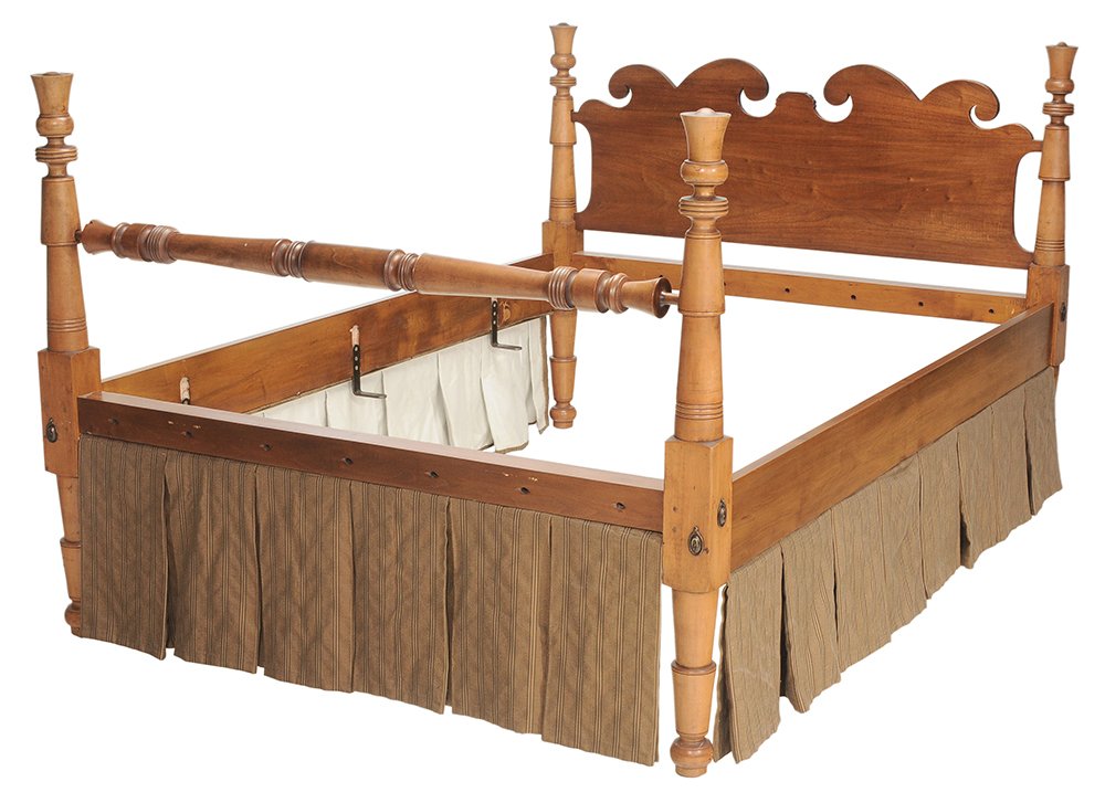 Federal Style Turned Maple and Cherry: Bedstead 20th century, back with branded mark "Leonard's Seekok, MA", scrolled headboard and turned posts, 49 x 63-1/2 x 88 in., interior 60 x 81-1/2 in., generally good condition, minor chips and cra