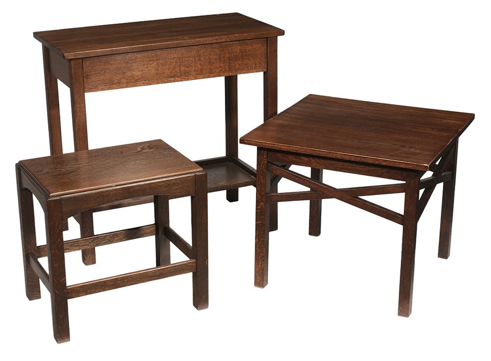 Two Arts and Crafts Oak Tables,: One Bench comprising a table with single drawer and lower shelf, possibly Gustav Stickley, 33-1/2 x 32 x 16 in., lacking backsplash, refinished, some surface wear and stains; square table, crossed sid