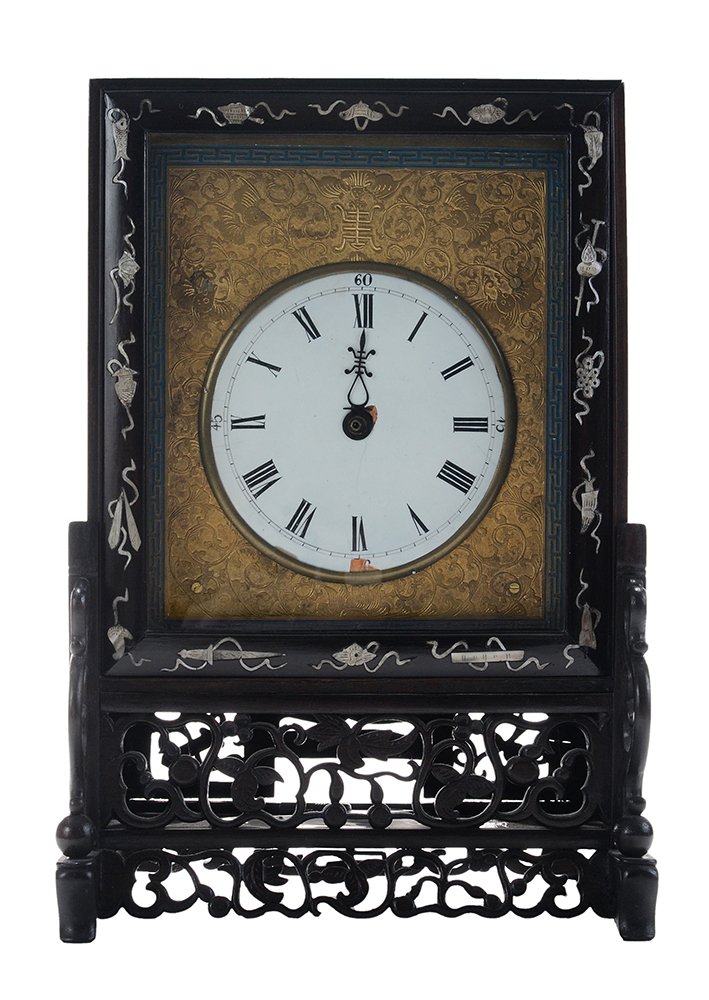 Chinese Export Abalone-Inlaid Rosewood: Bracket Clock 19th century, 5-5/8 in. white-enameled dial with Roman counters with an engraved gilt bronze surround, eight-day time and strike chain fusee movement with striking bell, back of dial ill