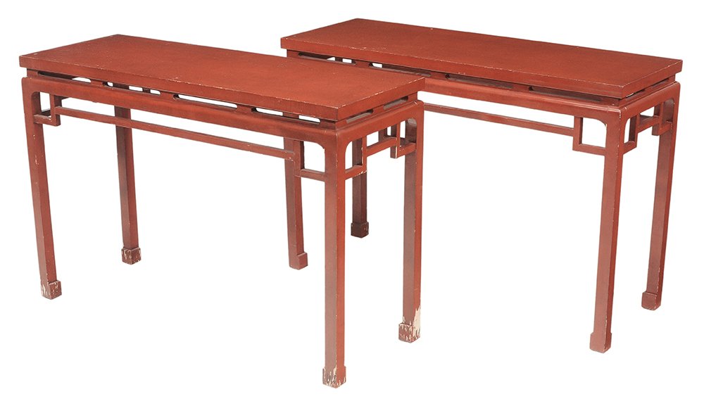 Pair Ming Style Red-Painted Pier or: Altar Tables modern in the Chinese style, red over white or gesso, 31-1/2 x 47-1/4 x 17 in., scattered chips and losses to painted surface especially at feet, otherwise generally good condition