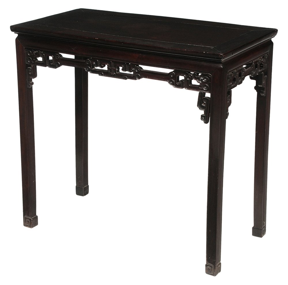 Antique Chinese Ming Style Carved: Hardwood Altar Table probably 19th century, hardwood throughout, underside with remnants of label and chalk characters, 34 x 36-1/2 x 18-3/4 in., leg and skirt joints somewhat loose, lacking one knee 