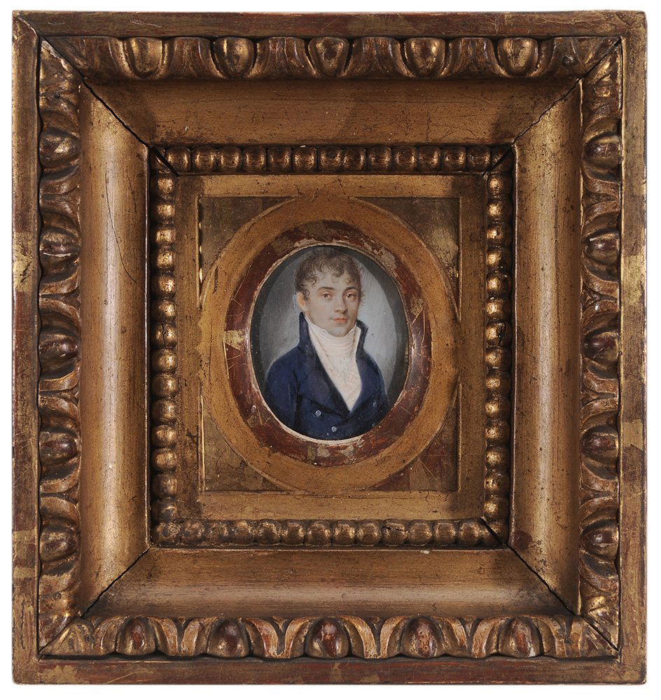 British or American School: (early 19th century) Portrait of a Gentleman in a Blue Coat, with Virginia family history, unsigned, watercolor on ivory, 2-1/2 x 2 in.; 19th century gilt wood frame, some flaking on vest, possibly re