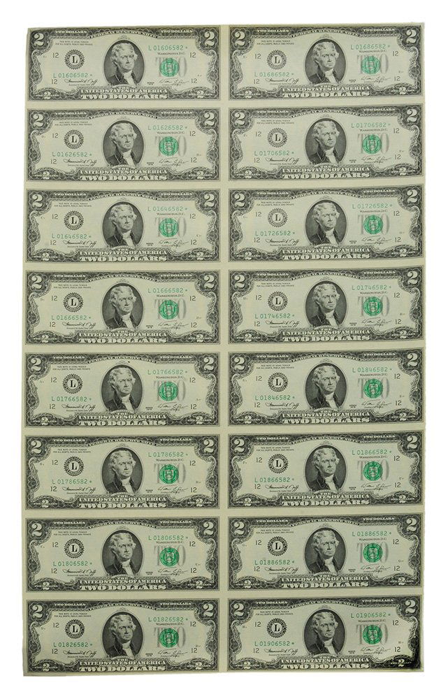 Bicentennial Two Dollar Bills, 1976: an uncut and uncirculated sheet of Two-dollar bills, sixteen bills on a rolled sheet, 21 x 12-1/4 in. fine. Notes: Brunk Auctions provides condition reports as a courtesy to our clients and assumes no