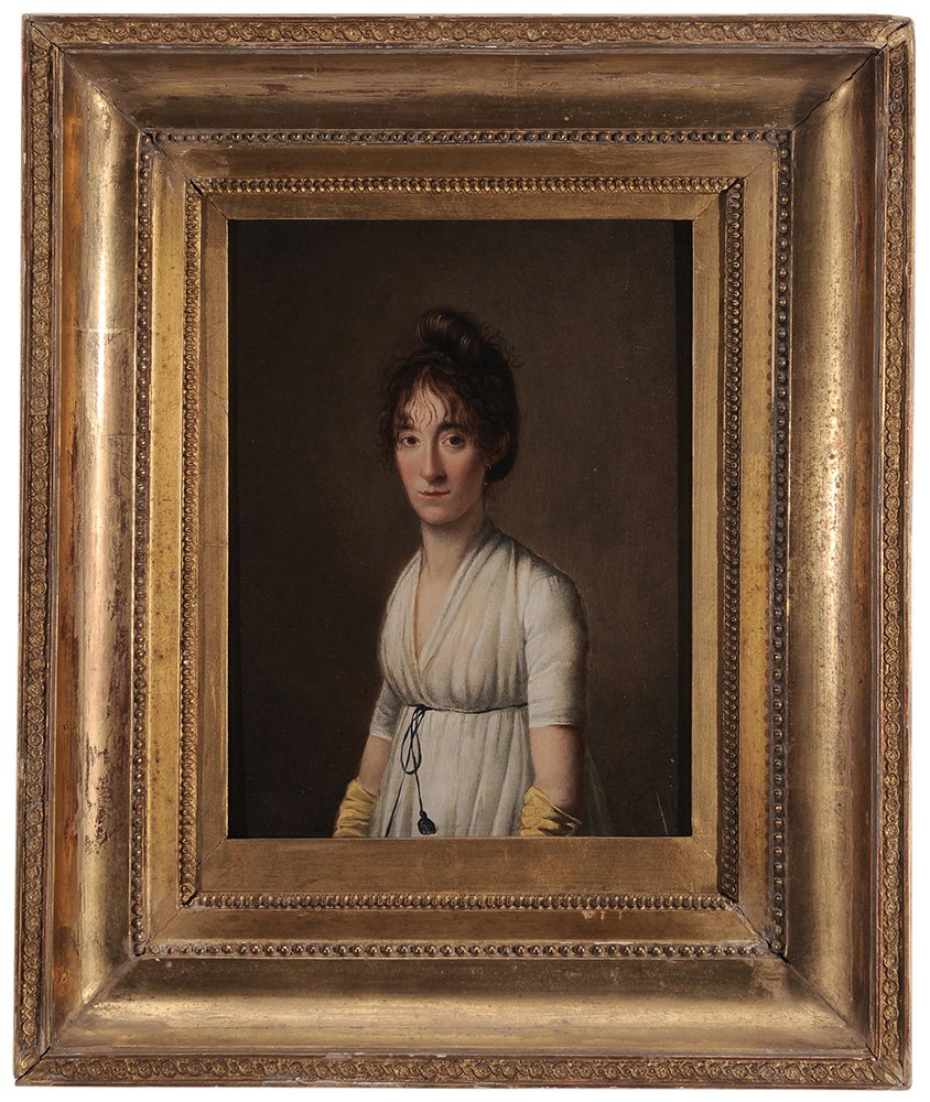 Attributed to Louis-Léopold Boilly: (French 1761-1845) Portrait of a Woman with Curly Hair, wearing yellow gloves, signed lower right "Boilly/An. 9”, oil on panel, 11-5/8 x 8-3/4 in.; 19th century French gilt wood and composition fram