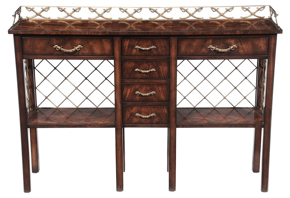 Regency Style Mahogany and Brass-: Mounted Pier Table modern reproduction by Theodore Alexander Furniture after the originals at Althorp, the ancestral home of the Spencer family (metal tag inside one drawer), set with a sword-form bra