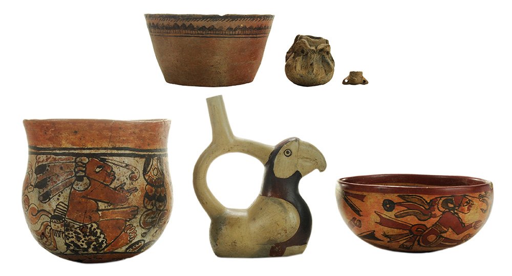 Six Pieces Pre-Columbian and Ancient: Pottery finely decorated Mayan pottery vase depicting a nobleman in costume, 7 in., cracks and repairs with various areas of restoration; Mayan bowl depicting a bands of seated noblemen chasing a monk