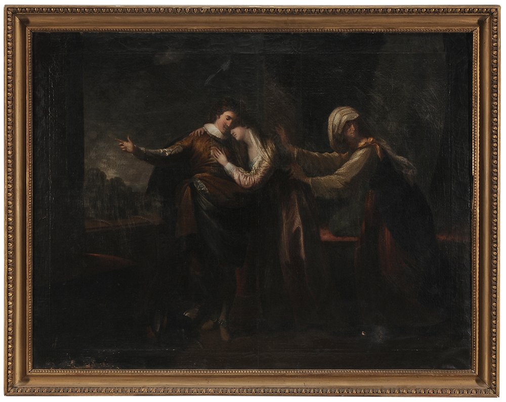 After Benjamin West: (19th century) Romeo and Juliet, representing Act III, scene 5 of Shakespeare's play, unsigned, oil on canvas, 48 x 62 in.; carved and gilt wood frame, original stretcher and tacking edge, crackle, cu