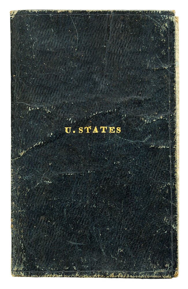 Map of the United States Drawn from: the Most Approved Surveys 1825, a copper-engraved map on banknote paper folded into thin morocco covers lettered in gilt "U. STATES," a pocket map, map measures 16-3/4 x 20 in., morocco covers measure
