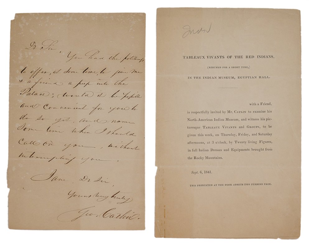George Catlin One-Page Letter, Ticket: undated, "You had the politeness to offer, at some time, to give me and a friend a peep into the Palace", etc., signed "Yours very truly/ Geo. Catlin", 7 x 4-1/2 in., very good, slightly toned and sun