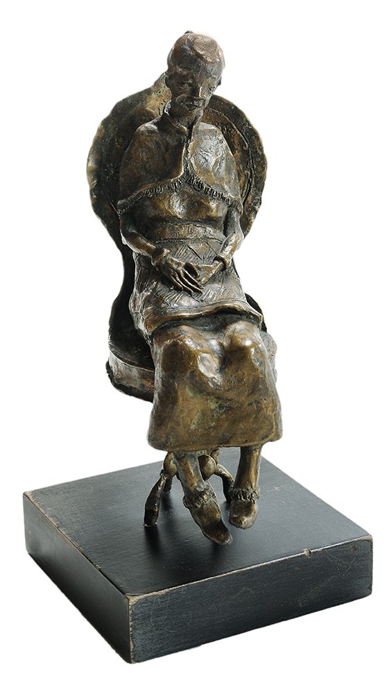 Maria Grazia Bornigia: (Italian, 1923-2001) Girl in a Revolving Chair, patinated bronze, signed "Bornigia", wooden platform base, 8-1/4 in., minor wear to wooden base. Provenance: Private Sarasota, Florida Collection