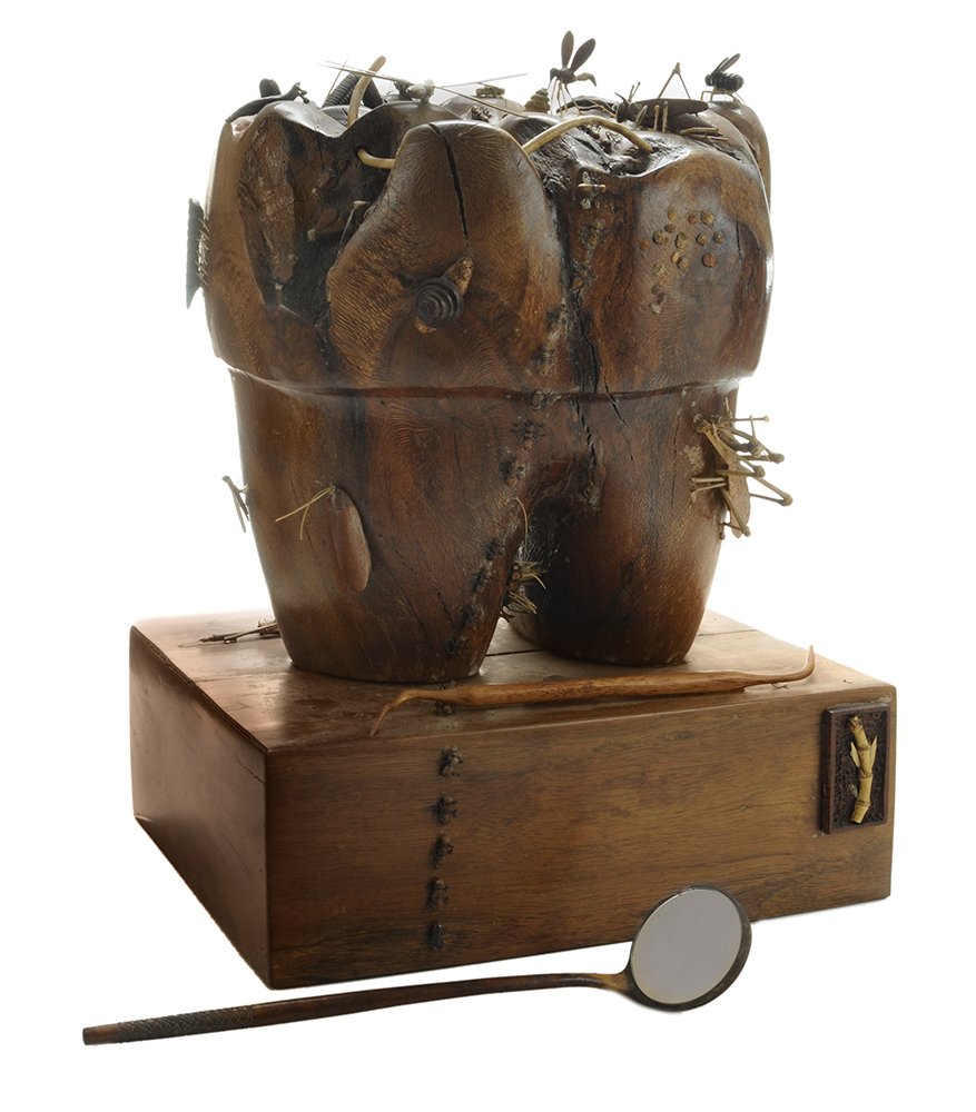 Perry Policicchio Carved Koa Wood: Tooth with Insects Perry Policicchio (born 1960), Hawaiian, large carved molar embellished with snails, worms, grasshoppers, ants and other insects in carved wood and bamboo, all on a rectangular base