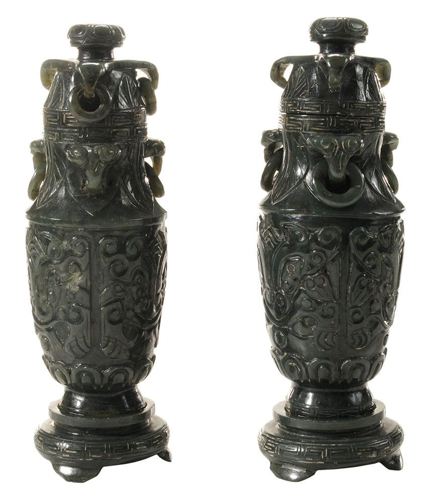 Pair Carved Spinach Hardstone Lidded (1 of 4)