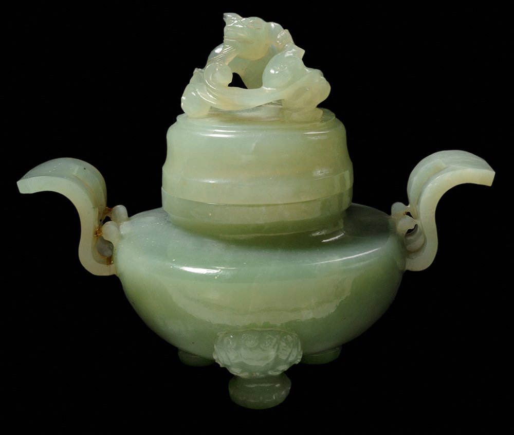 Carved Celadon Hardstone Lidded Censer (1 of 4)