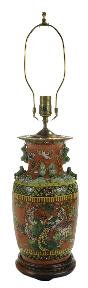 Colorful Chinese Porcelain Vase: Mounted as Lamp 20th century, baluster form with lizards in relief on neck and shoulder, exotic birds, electrified, 6-1/2 in. good condition. Provenance: Tennessee Private Collection
