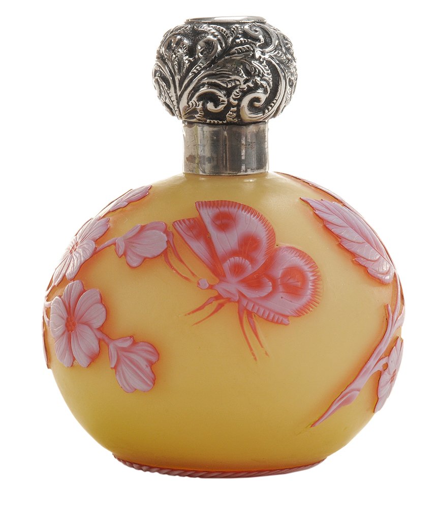 Thomas Webb & Sons Cameo Glass Perfume: Bottle English, 1901-2, four-layer cameo glass, opal over red over lemon over opal, finely carved flowering primrose and fine butterfly, English silver repoussé screw cap, marks for Birmingham, 1