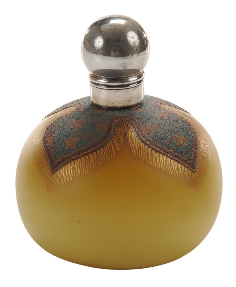 Thomas Webb & Sons(?) Cased Uranium: Glass Cologne Bottle English, late 19th century, flattened spherical form, uranium cased over white glass, finely ground turquoise glass bordered by maroon and gilded glass, with detailed gilded fring