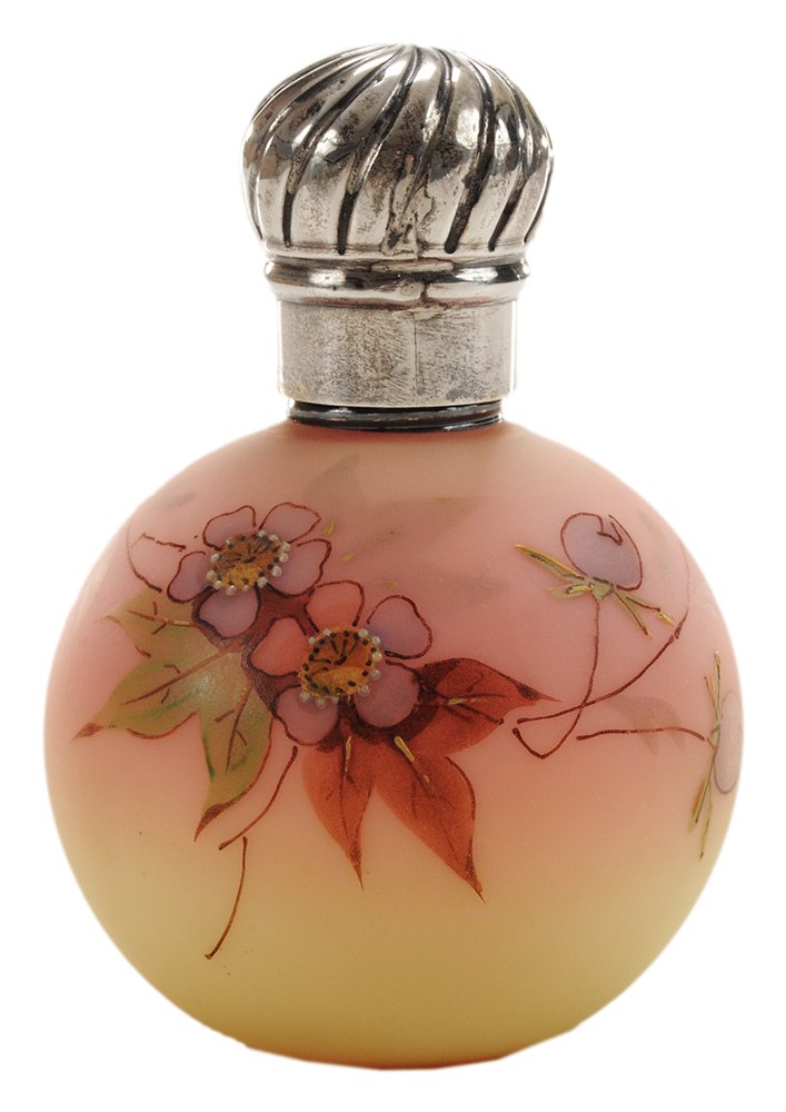 Small Thomas Webb & Sons Queens: Burmese Perfume Bottle English, late 19th century, delicate Hawthorne pattern enameled decoration, English silver swirling ribbed screw cap, marks for London, 1890, partial maker's mark "FB?", .925 fi