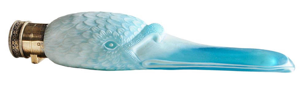 Magnificent Thomas Webb & Sons Large-: Scale Cameo Glass Swan’s Head Perfume Bottle English, late 19th century, exquisitely carved opal over rich blue crystal, fine gilded mount by the Parisian firm of Keller with locking hinged mechanis