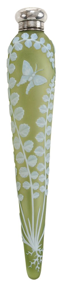 Thomas Webb & Sons Elongated Cameo: Glass Perfume Bottle English, circa 1890, trailing leaves and vines complete with root system on front of bottle expertly carved in opal glass on ground of frost green, butterflies front and reverse,