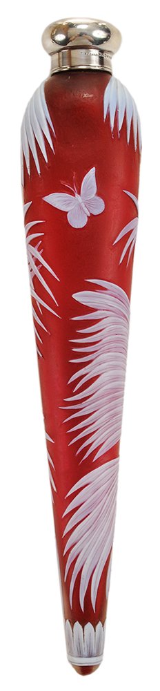 Thomas Webb & Sons Elongated Cameo: Glass Perfume Bottle English, late 19th century, opal cased over colorless over rich red ground, lavishly decorated all over with exotic palm fronds, butterfly carved on reverse, original mounts with