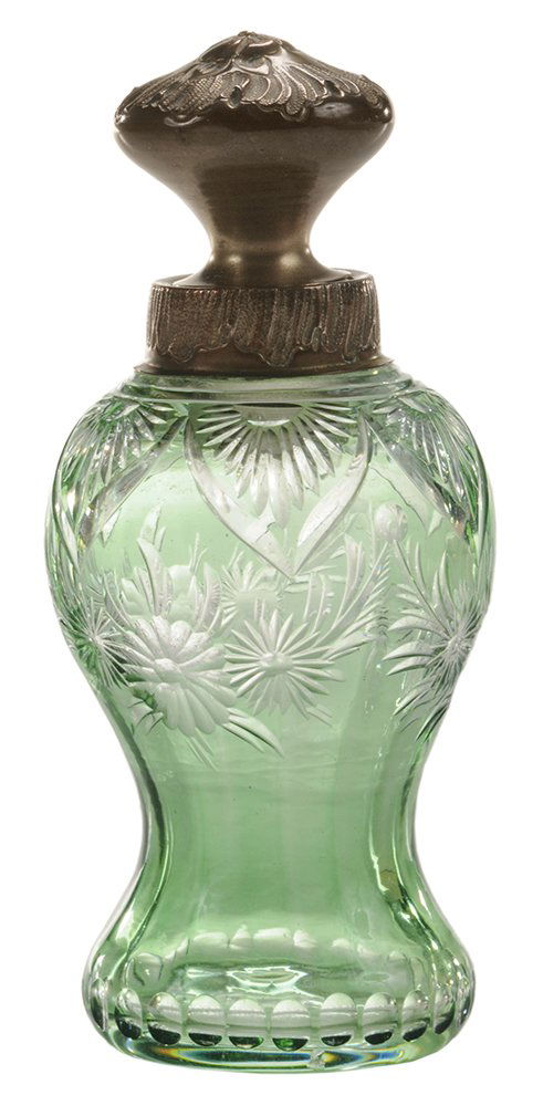 Emerald Cut and Engraved to Colorless: Perfume Bottle English, late 19th century, probably Thomas Webb & Sons or Stevens & Williams, small urn-shaped bottle is optic ribbed, floral engraving and geometric cutting, sterling mounts h
