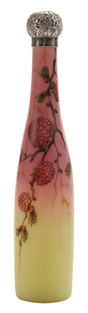 Rare Thomas Webb & Sons Queens: Burmese Perfume Bottle English, 1888-9, rare slender shape, enameled flower, bud and stem decoration, English silver repoussé screw cap, marks for Birmingham, 1888, maker's mark "L.B.", .925 fine