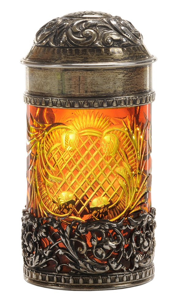Stevens & Williams Cut and Engraved: Smelling Bottle English, 1901-2, gold ruby over citron elaborately engraved all over in floral motif, openwork English silver mounting at base, repoussé overcap with pierced grill and gilt interi