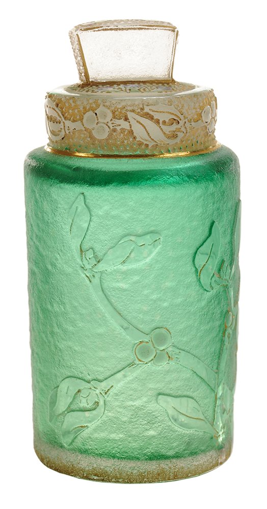 Charming Daum Nancy Cameo Glass: Smelling Flacon French, circa 1892, rich emerald over colorless crystal, etched, enameled and gilded depicting mistletoe, neck of bottle with a band of mistletoe, top of stopper depicts flowering this