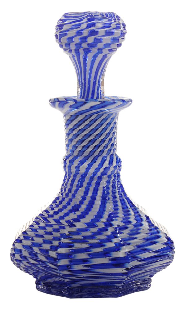 Fancy St. Louis Striped Perfume Bottle: French, 3rd quarter 19th century, blue and white glass stripes are joined, swirled, cased in colorless crystal and blown into a complex ribbed mold, stopper is cleverly made en suite, 4-1/4 in. good c