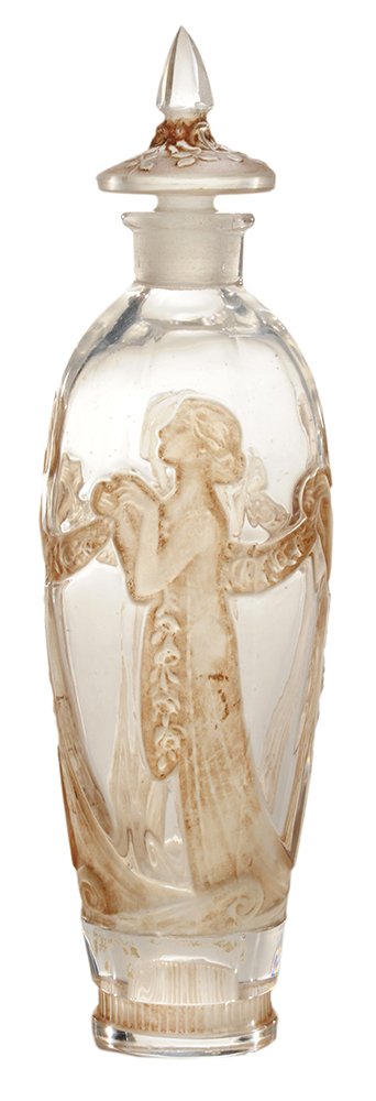 J. Viard for Lournay Vivante Perfume: Bottle French, 1923, amphora form, molded with maidens carrying garlands, sepia patination, original stopper with tiny molded leaves, pointed crystal finial, signed on bottle "Lournay/Made/In/France",