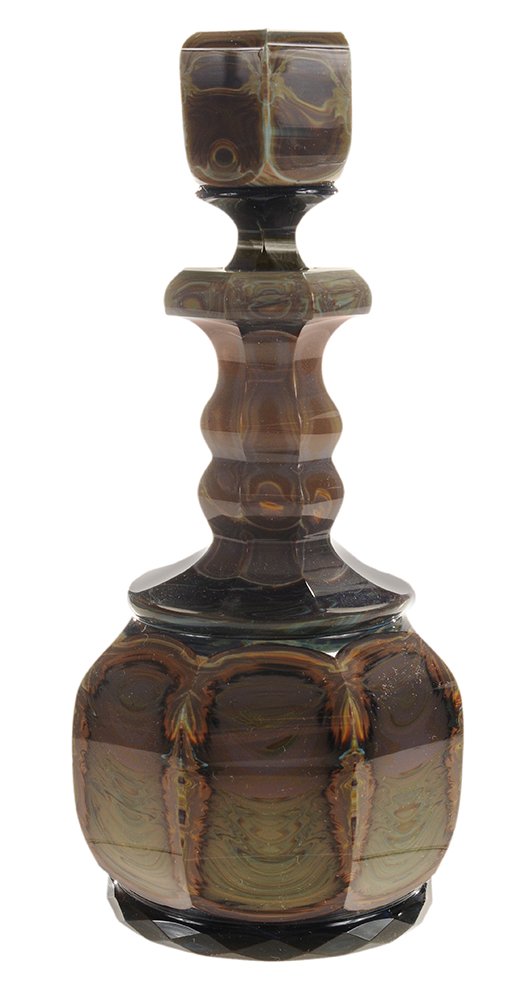 Fine Lithyalin Perfume Bottle: Bohemian, 2nd quarter 19th century, veins of green, tan, black, bulbous body cut into vertical flutes, highly polished, complex cut neck, footed, fluted stopper, zones of different colors top to botto