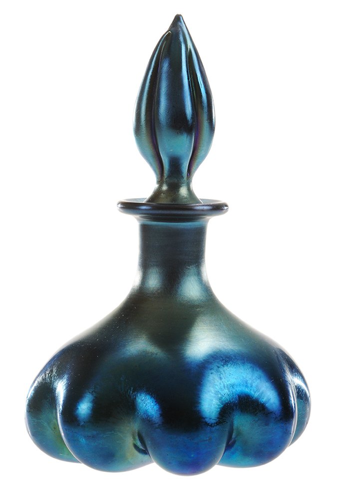 Steuben Blue Aurene Perfume Bottle: American, first decade 20th century, shape 1455, melon-ribbed original flame stopper, unusually fine heavy dauber, early production piece, marked on bottom of bottle "AURENE/1455", 5-1/2 in. large chi