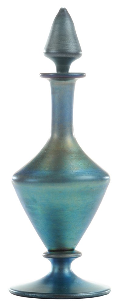 Steuben Blue Aurene Perfume Bottle: American 1st quarter 20th century, shape 3175, complex form, footed base, original flame stopper, marked "AURENE/3175", unpolished pontil mark, 6-1/2 in. tiny chips to plug, tiny abrasion on shoulder.