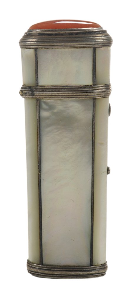 Carnelian/Mother-of-Pearl Necessaire: French or English, 1st half 19th century, extraordinary vertical mother-of-pearl panels cover this piece and its hinged cap, large oval carnelian mounted on cap, includes four tiny tools with ebony ha