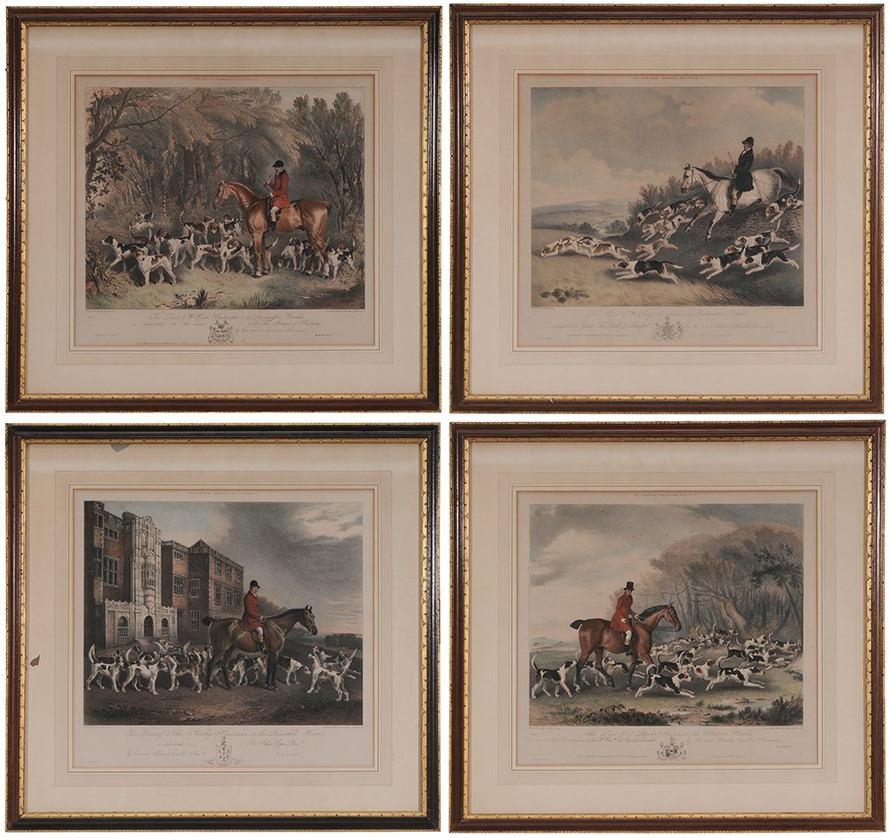After Richard Barrett Davis: (British,1782-1854) Plates 1-4 from The Hunter's Annual No. 2 J. W. G. Giles lithographer, published by Davis and Bailey, London, 1838, includes "Bramshill Hounds.", "Cottesmore Hounds..", "Donnington