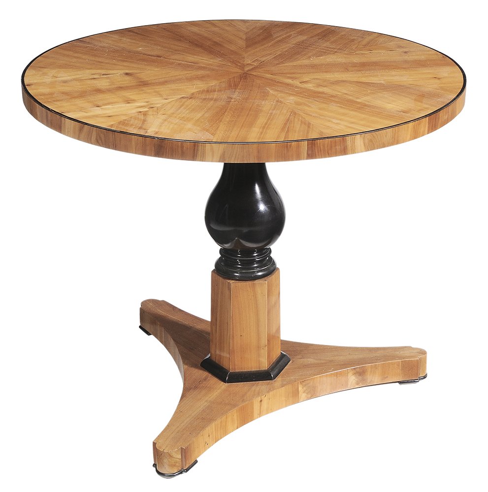 Biedermeier Fruitwood-Veneered Center: Table Austria, circa 1830, segmented top with ebonized border, ring and baluster turned and faceted part ebonized support, 28-3/4 x 35-1/2 in. good restored condition, some probable repaint to ebonizi