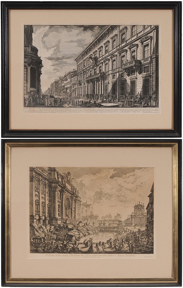 Giovanni Battista Piranesi: (Italian, 1720-1778) Veduta, nella Via del Corso, Del Palazzo Dell'Accademia, III/V, (H.24), 16 x 24-1/4 in. (plate) lined with paper, with some pest damage, foxing, water stains; Veduta della vasta F