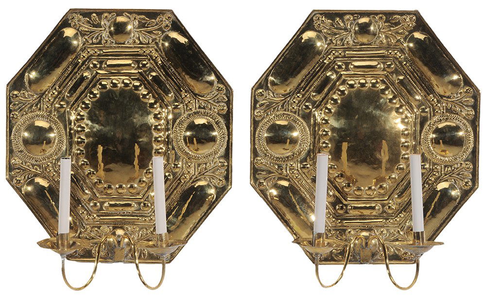 Pair Octagonal Repoussé Brass Sconces (1 of 4)